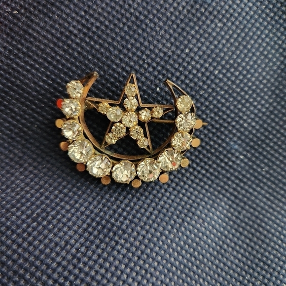 Vintage Czech White Rhinestone 12K GF Star & Moon Brooch - Picture 1 of 4